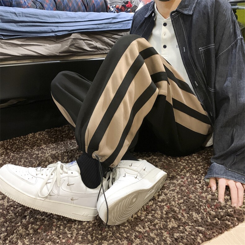 2024春新款学院风撞色条纹阔腿裤抽绳束脚运动裤KZ11-P50控79,男装休闲裤,星座914-3