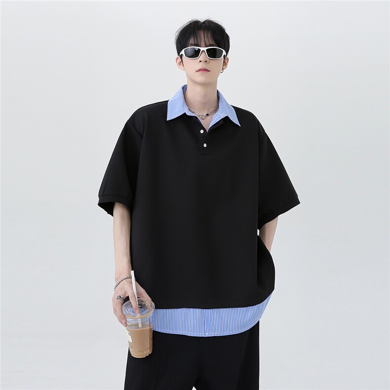 夏季潮牌高级休闲撞色拼接假两件条纹男女同款短袖POLO衫T601-P48,男装Polo衫,电商C307