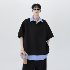 夏季潮牌高级休闲撞色拼接假两件条纹男女同款短袖POLO衫T601-P48，男装Polo衫，电商C307