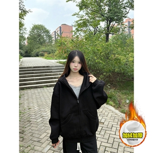480G重磅加绒硬挺boxy 男女秋冬美式高街防风高领卫衣开衫厚外套图片