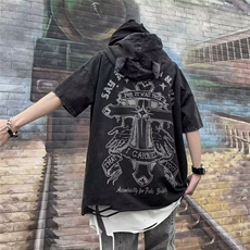 欧美高街十字架印花连帽短袖T恤男ins设计感水洗黑色半袖体恤，男装T恤，星座410-7