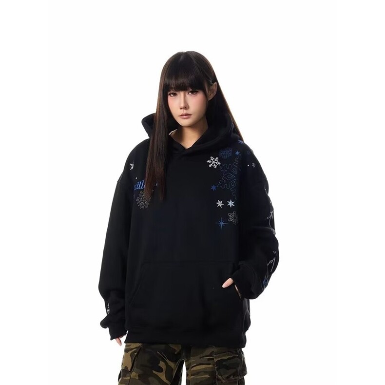 新款休闲慵懒风雪花刺绣连帽卫衣男女潮牌情侣加绒带帽衫,男装卫衣,星座410-6（原星座1304-1）