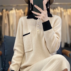 女士羊毛衫女秋冬季保暖针织POLO领羊毛裙，女装连衣裙，暖思雅