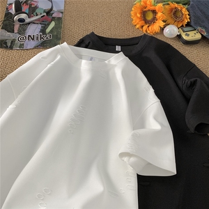 250克重磅提花开口笑破洞冰丝短袖美式高街潮流T恤JF250特P40控66图片