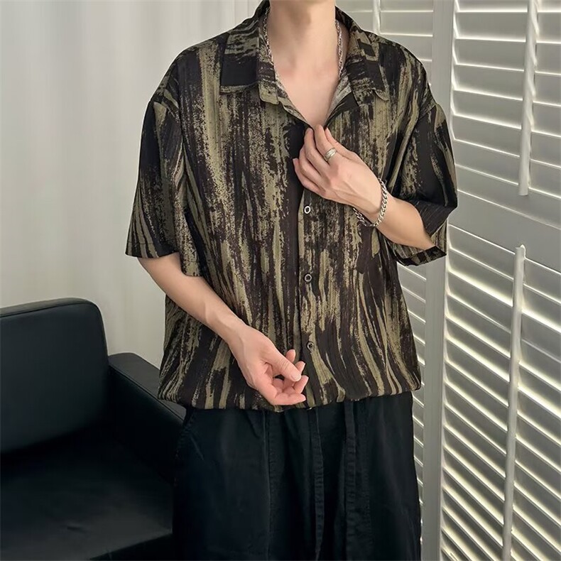 小众设计感泼墨短袖衬衫男2025新款夏季潮牌高级感宽松痞帅衬衣潮,男装T恤,星座506A