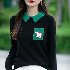 2025秋冬拼色POLO领长袖针织衫女翻领洋气减龄娃娃领休闲打底上衣，女装针织衫/毛衣，佳绒包芯纱店