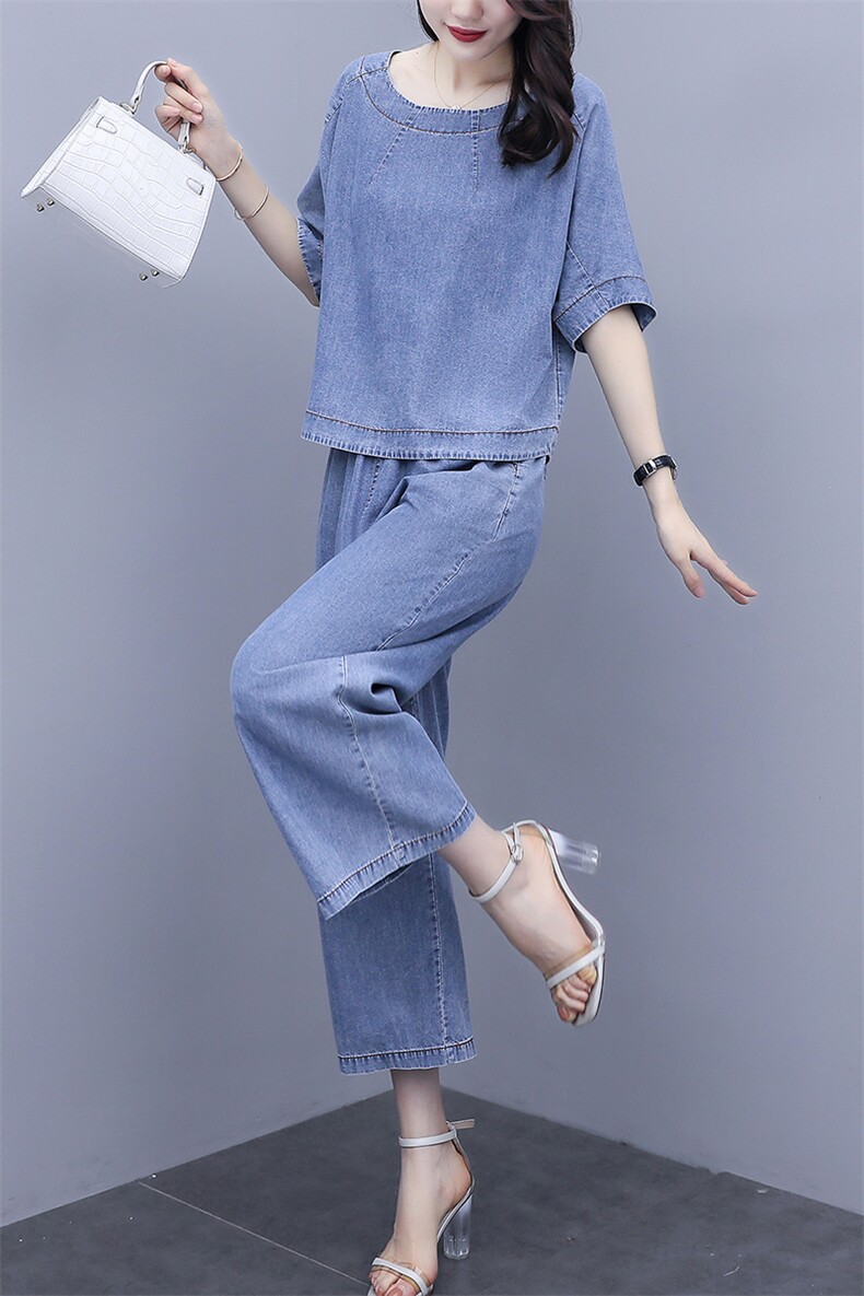 时尚牛仔套装女夏2025年夏季新款女装气质夏天坠感阔腿裤两件套裤,女装套装/套裙,芷墨服饰