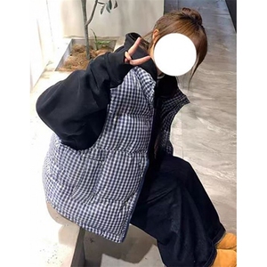 无袖格子坎肩棉衣马甲女秋冬宽松立领棉服夹棉外套 MJ1110图片