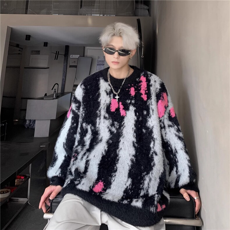1506/QY150/P62扎染撞色毛衣男款慵懒风宽松青少年针织衫外套,男装针织衫/毛衣,星座1506