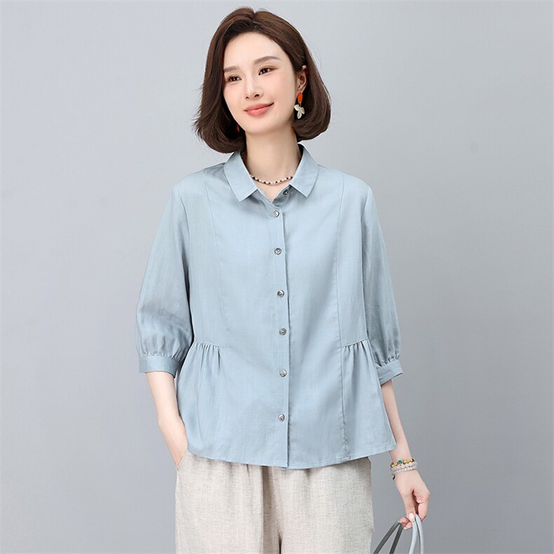 天丝亚麻衬衫女夏季薄款2025新款棉麻上衣休闲洋气妈妈款高贵小衫,女装衬衫,忆绮罗