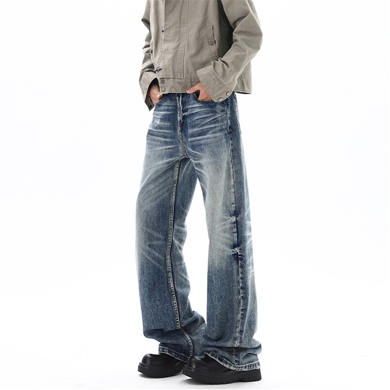 02深海蓝宽松直筒牛仔裤猫须蜂窝通勤长裤男XZ211-1-K2609-P55，男装牛仔裤，星座211-1