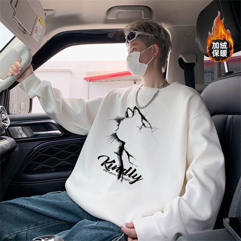 新款秋冬季重磅华棉加绒圆领猫咪侧影卫衣男美式猫猫印花卫衣男,男装卫衣,星座410-7