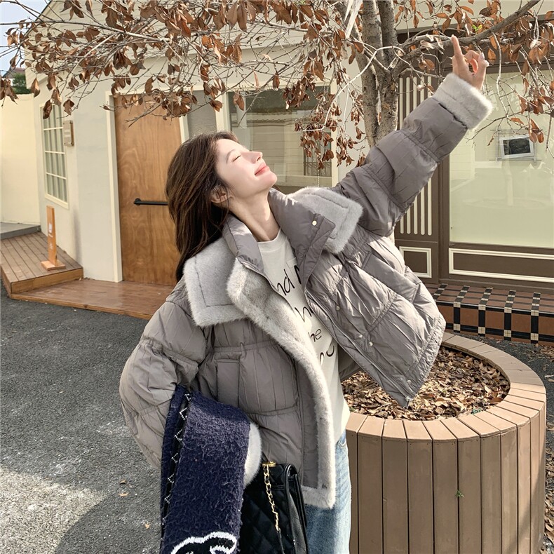 灰色短款泡芙羽绒服女2025冬季高级感毛毛拼接保暖90白鸭绒厚外套，女装羽绒服，慧尚2-185