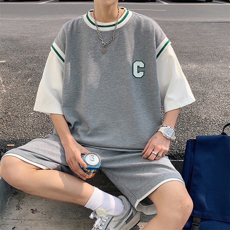 2025夏季华夫格套装男青少年T恤短裤两件套港风套装TZ2237-P55,男装牛仔裤,电商A062