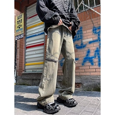 拉链工装牛仔裤男秋冬黄泥色hiphop高街潮拉链直筒阔腿裤子NH63，男装牛仔裤，星座1116A（原606A-3）