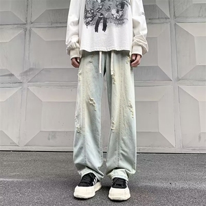美式高街破洞牛仔裤男秋款潮牌复古宽松阔腿欧美直筒裤N6096-P43图片