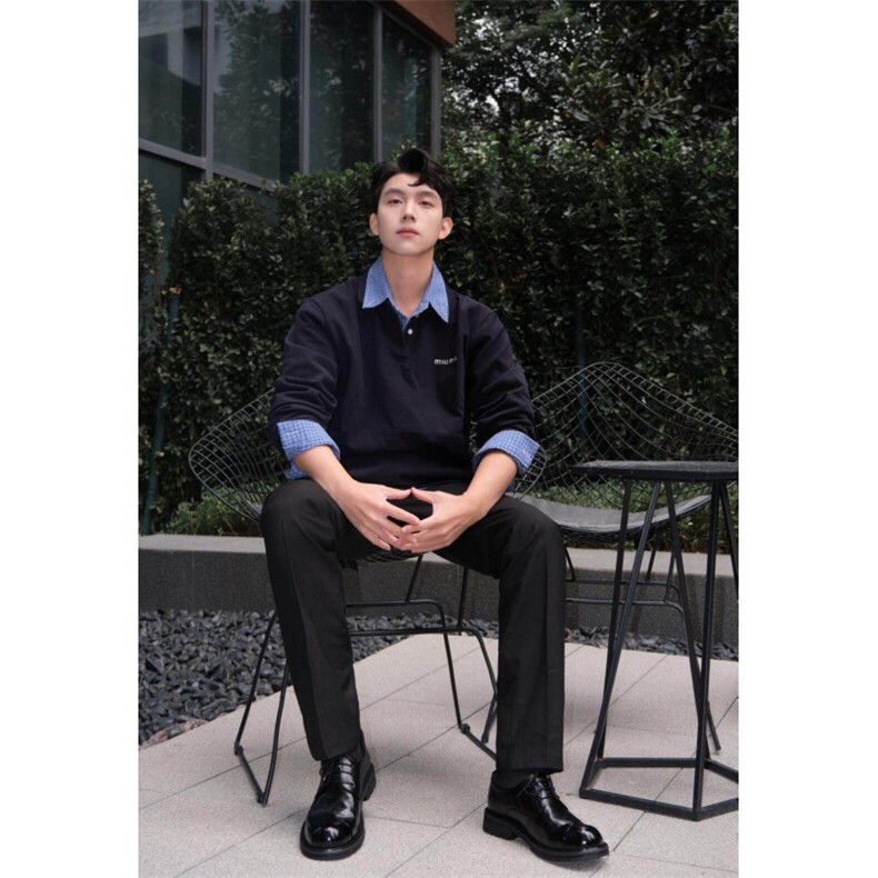 网图-WY10-P5825春装假两件套头卫衣格子拼接上衣套头衫内搭,男装卫衣,电商B327