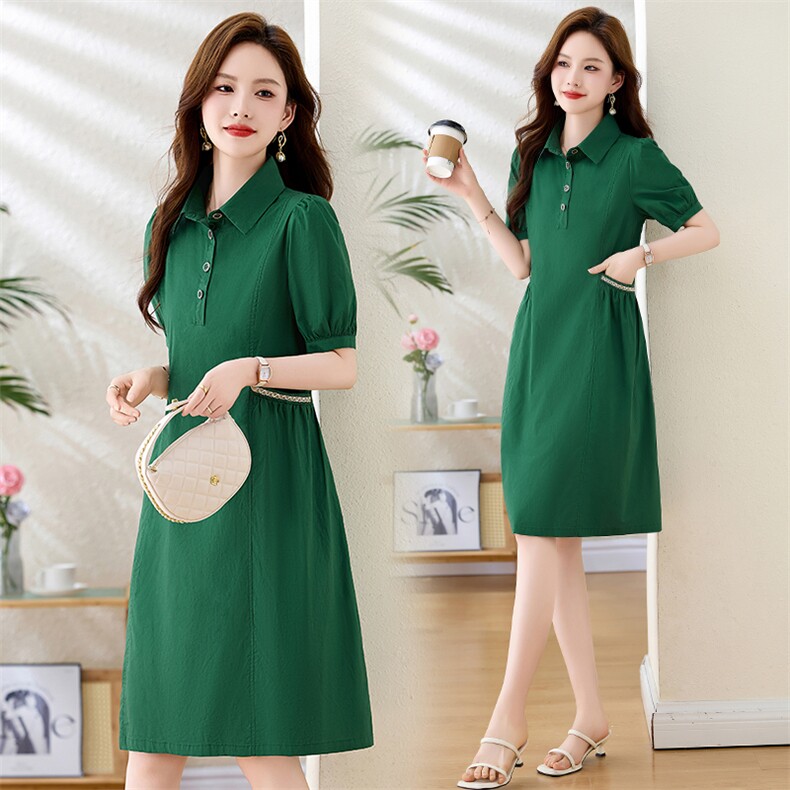 时尚气质纯棉衬衫连衣裙女夏2024新款休闲宽松显瘦减龄POLO领裙子，女装连衣裙，伊航服饰