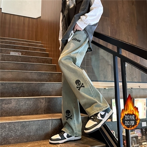 k1063J-p65-控88M-5XL立体印花水晶绒加绒港风高阶宽松牛仔裤微喇图片