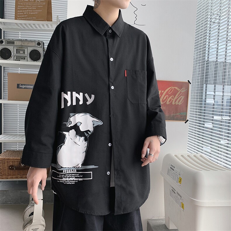 2021夏季新港风短句大码男猫咪印花宽松七分袖衬衫C3005-P45,男装衬衫,电商A001