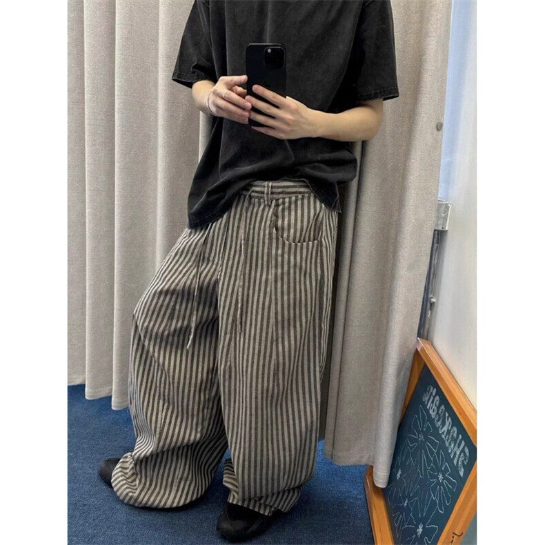宽松慵懒黑白条纹棉麻阔腿裤松弛感复古休闲直筒拖地裤子 XRG113图片