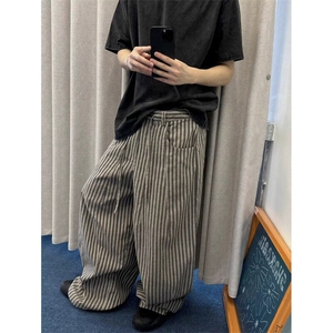 宽松慵懒黑白条纹棉麻阔腿裤松弛感复古休闲直筒拖地裤子 XRG113图片
