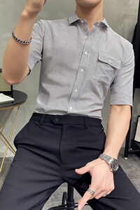 现货 2021 条纹短袖衬衫男修身抗皱CS14P45图片