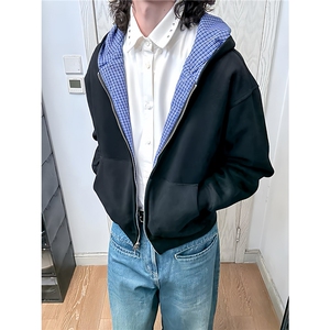 双面穿蓝格纹开衫连帽卫衣男女短宽版型休闲百搭外套WYW32-P58图片
