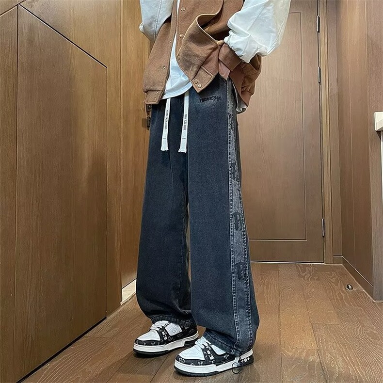 春秋季直筒牛仔裤男潮牌美式宽松休闲水洗设计感抽绳阔腿裤子G43,男装牛仔裤,星座506