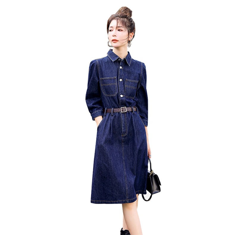 时尚显瘦牛仔连衣裙女长袖气质修身百搭新款春装裙子,女装连衣裙,秋水欣儿
