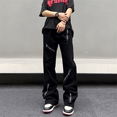暗黑宽松微喇叭黑色牛仔裤多拉链设计感男女裤子N09037-P45，男装牛仔裤，星座308B-1