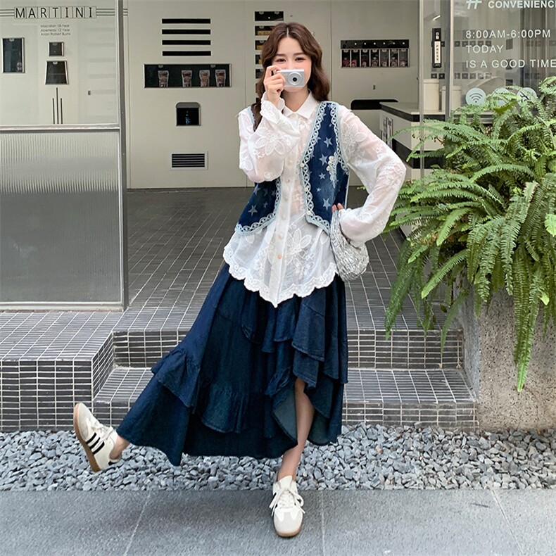 民族风刺绣牛仔马甲套装女2025年春秋季新款上衣半身裙时尚三件套,女装套装/套裙,2C169