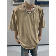 夏季卡其金属扣宽松短袖设计感高街百搭半袖上衣T8510-特P26控48，男装T恤，星座205-5