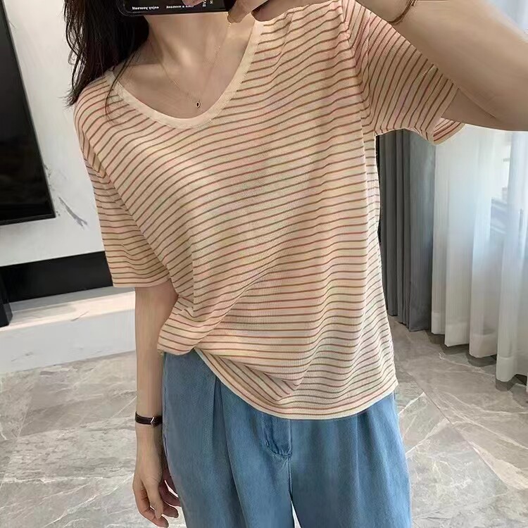 女士夏季简约百搭时尚舒适圆领条纹短袖,女装T恤,斯尔特羊绒