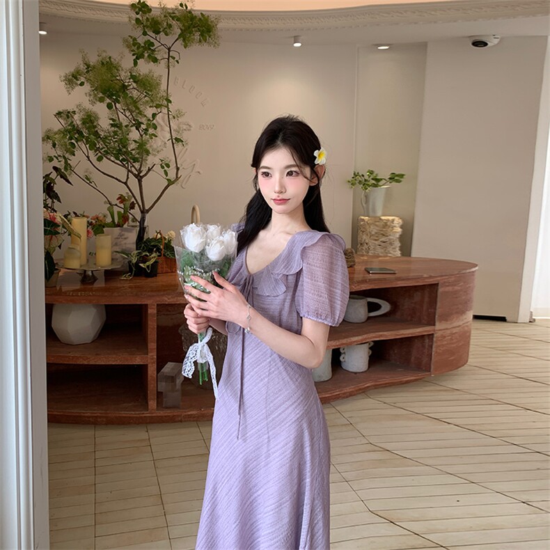 法式紫色荷叶边收腰连衣裙女夏2025新款气质温柔风爆款清纯系长裙,女装连衣裙,纯色衣恋