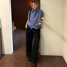 逃离光复南皇家蓝色格纹抽绳短袖衬衫男女短款miu上衣CY1206-P34，男装T恤，星座412-3