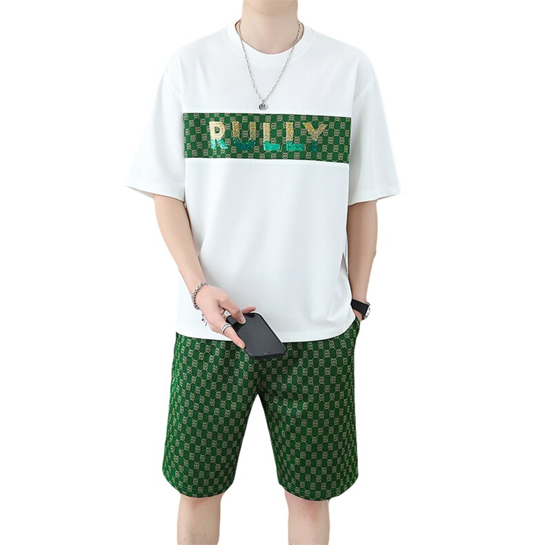 新款短袖t恤套装男夏季薄款休闲运动服潮牌印花华夫格短裤两件套,男装休闲套装,星座1801