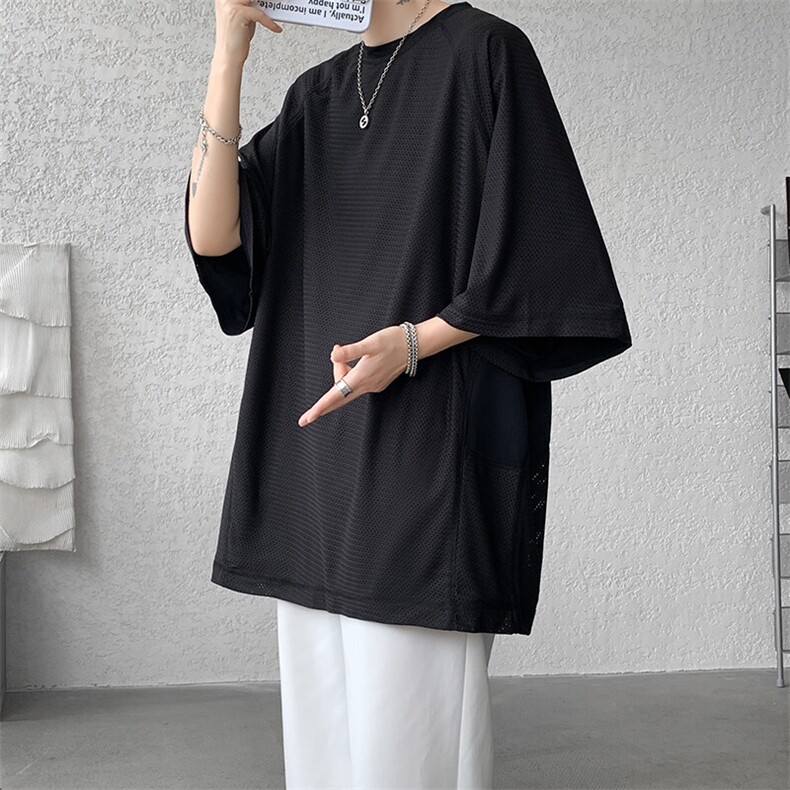 8XL-M 特大码日系复古山西速干镂空拼接短袖T恤上衣男DX319P50图片