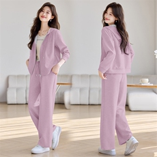 女士运动套装2026年春季新款时尚休闲简洁连帽短外套长裤子两件套，女装套装/套裙，简韵佳