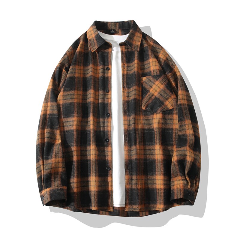 B413-1-DX006秋季磨毛格子长袖衬衫男宽松潮流休闲百搭衬衣外套，男装衬衫，电商B413-1