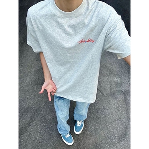 现货 现货美式夏季手写花卉刺绣短袖T恤男女宽松情侣上衣A466-P30图片