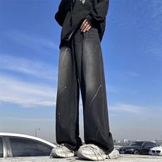 新款男士牛仔裤复古潮流牌美式运动高街痞帅直筒休闲长裤子，男装牛仔裤，星座410-7