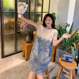 2021夏装新款牛仔裙女韩版夏装蕾丝拼接连衣裙宽松显瘦小个子图片