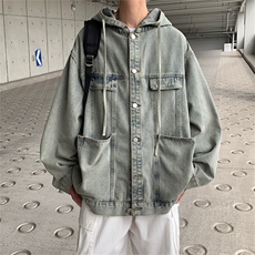 春秋季高街做旧连帽牛仔外套情侣宽松痞帅夹克男装上衣JN1226-P75，男装工装外套，星座302B-2