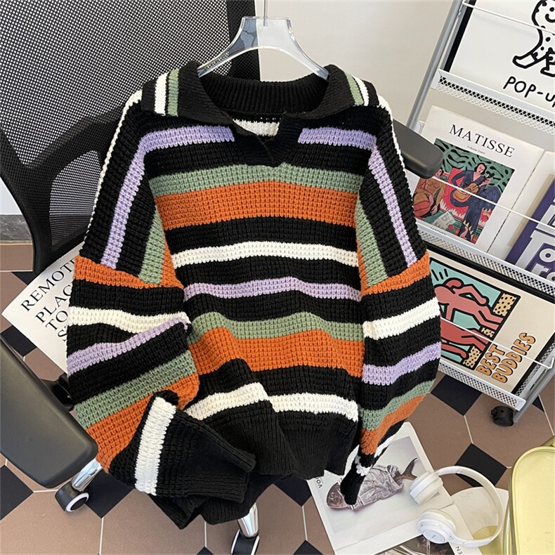 秋款男Polo领毛衣宽松彩色条纹针织衫宽松线衣外套M6525P58,男装Polo衫,星座1013-1