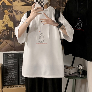 LD54140-P45 NASA连帽短袖t恤男大码胖子带帽五分袖中袖图片