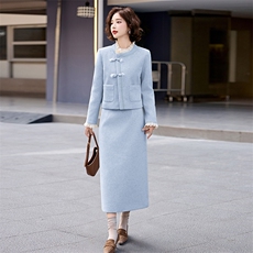 小香风羽绒服套装女冬装2024新款高端羊毛呢短外套开叉长裙两件套，女装套装/套裙，衣之秀