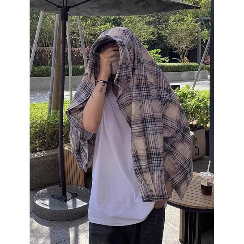 美式复古潮牌破坏感格子衬衫男女春秋宽松休闲显瘦慵懒风衬衣外套,男装衬衫,星座218-8