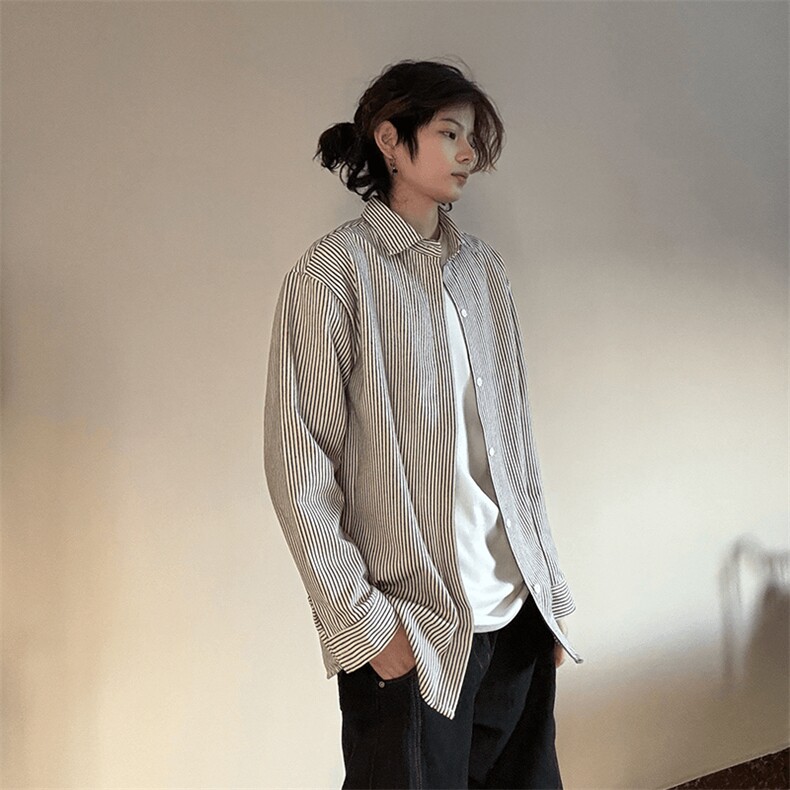 C51-P38美式复古条纹衬衫男长袖内搭打底衬衣春秋学院风外套,男装衬衫,星座215-1