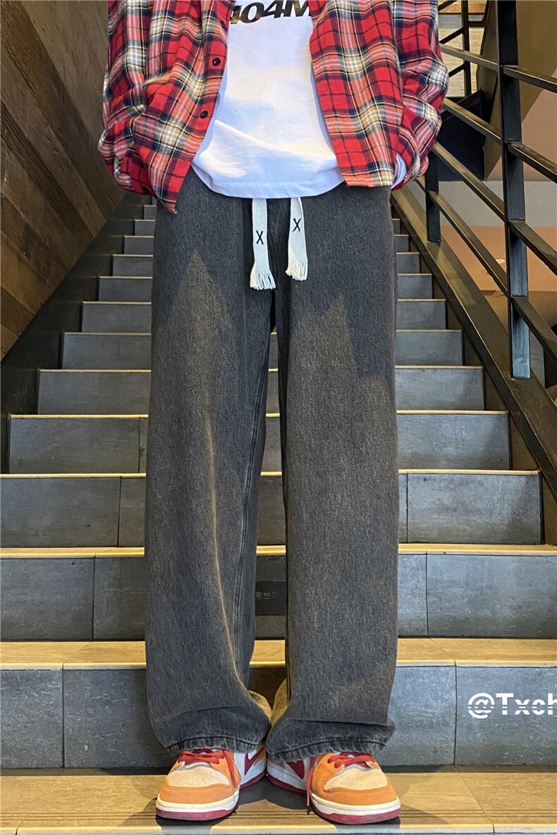 浅蓝色松弛感抽绳牛仔裤男款夏季美式复古松紧腰潮牌直筒宽松裤子,男装牛仔裤,电商B315
